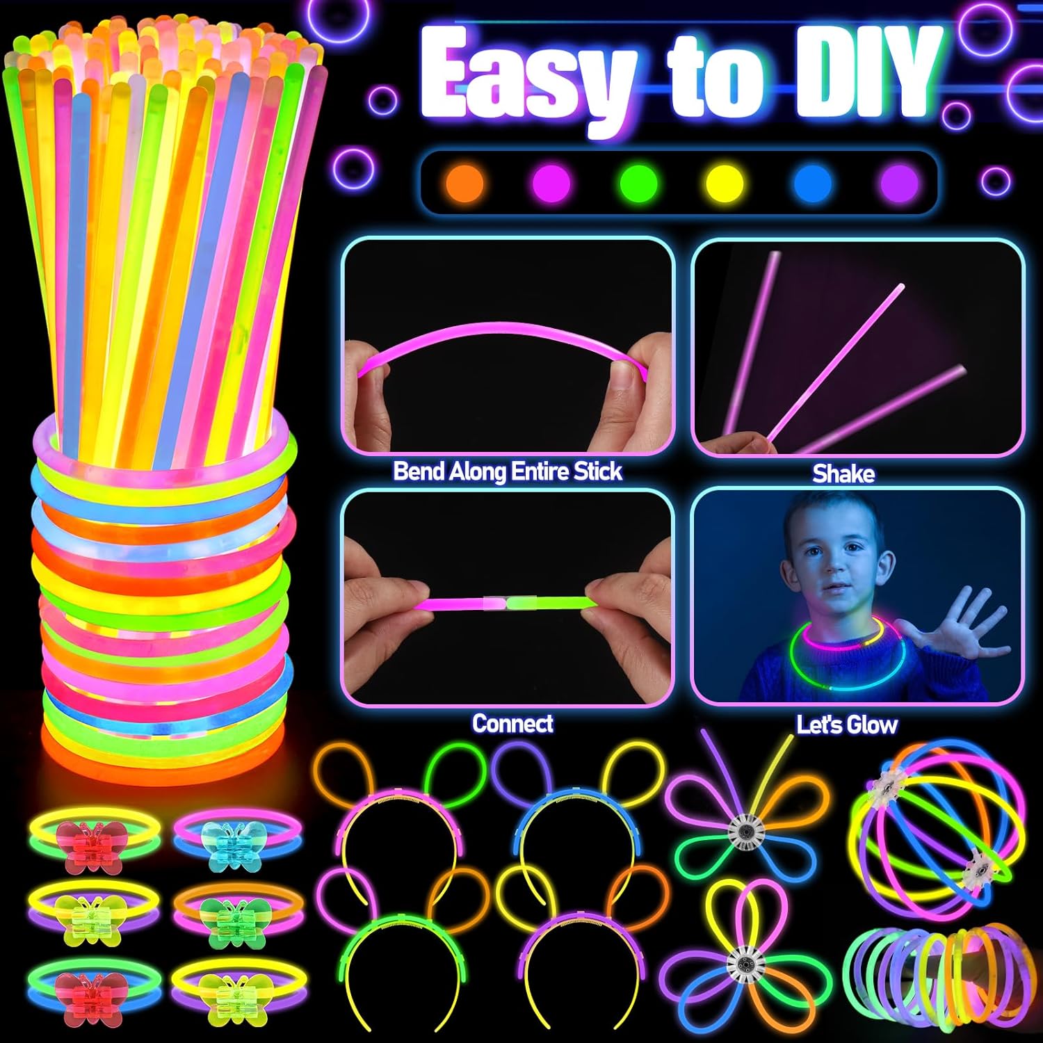 Glow in the Dark Party Supplies for Kids Adults, 168PCS Light Up Party Favors with Light Up Glasses, Hair Clips, Glow Sticks Bulk Party Pack DIY Glow Necklaces Bracelets Headband, Neon Party Supplies-5