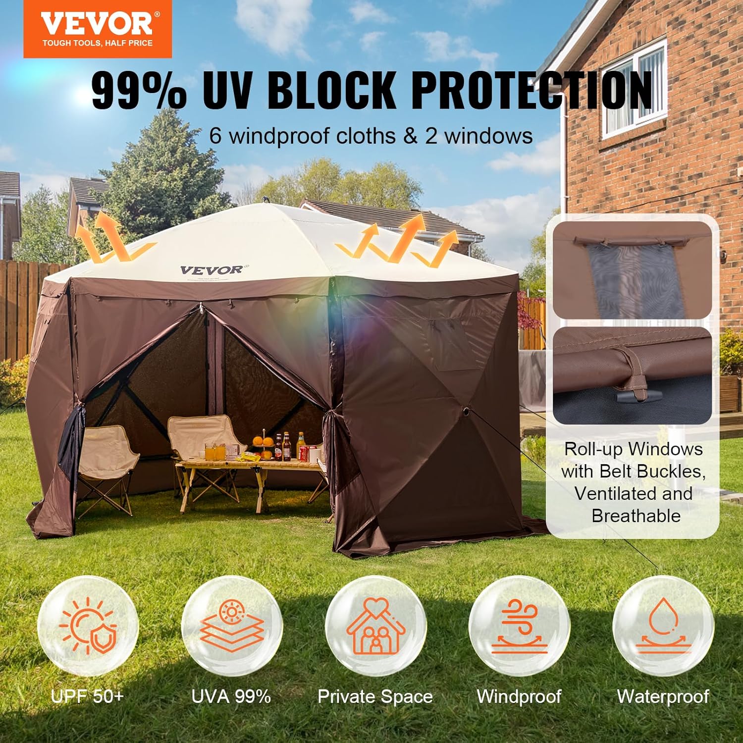 VEVOR Pop Up Gazebo Screen Tent, Pavilion Gazebo Tent, 11.5 x 11.5 ft 6-Sided Camping Instant Canopy Sun Shelter with 6 Removable Privacy Wind Cloths, Mosquito Netting, for Patio, Backyard, Lawn-1