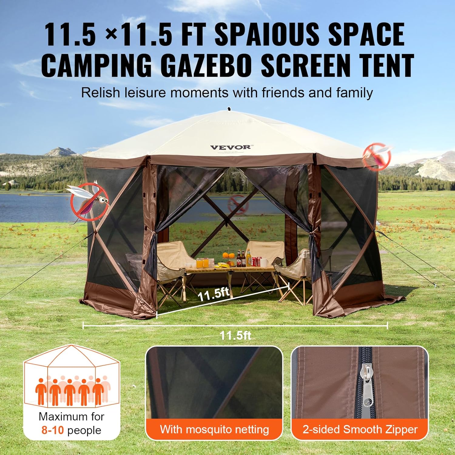 VEVOR Pop Up Gazebo Screen Tent, Pavilion Gazebo Tent, 11.5 x 11.5 ft 6-Sided Camping Instant Canopy Sun Shelter with 6 Removable Privacy Wind Cloths, Mosquito Netting, for Patio, Backyard, Lawn-5