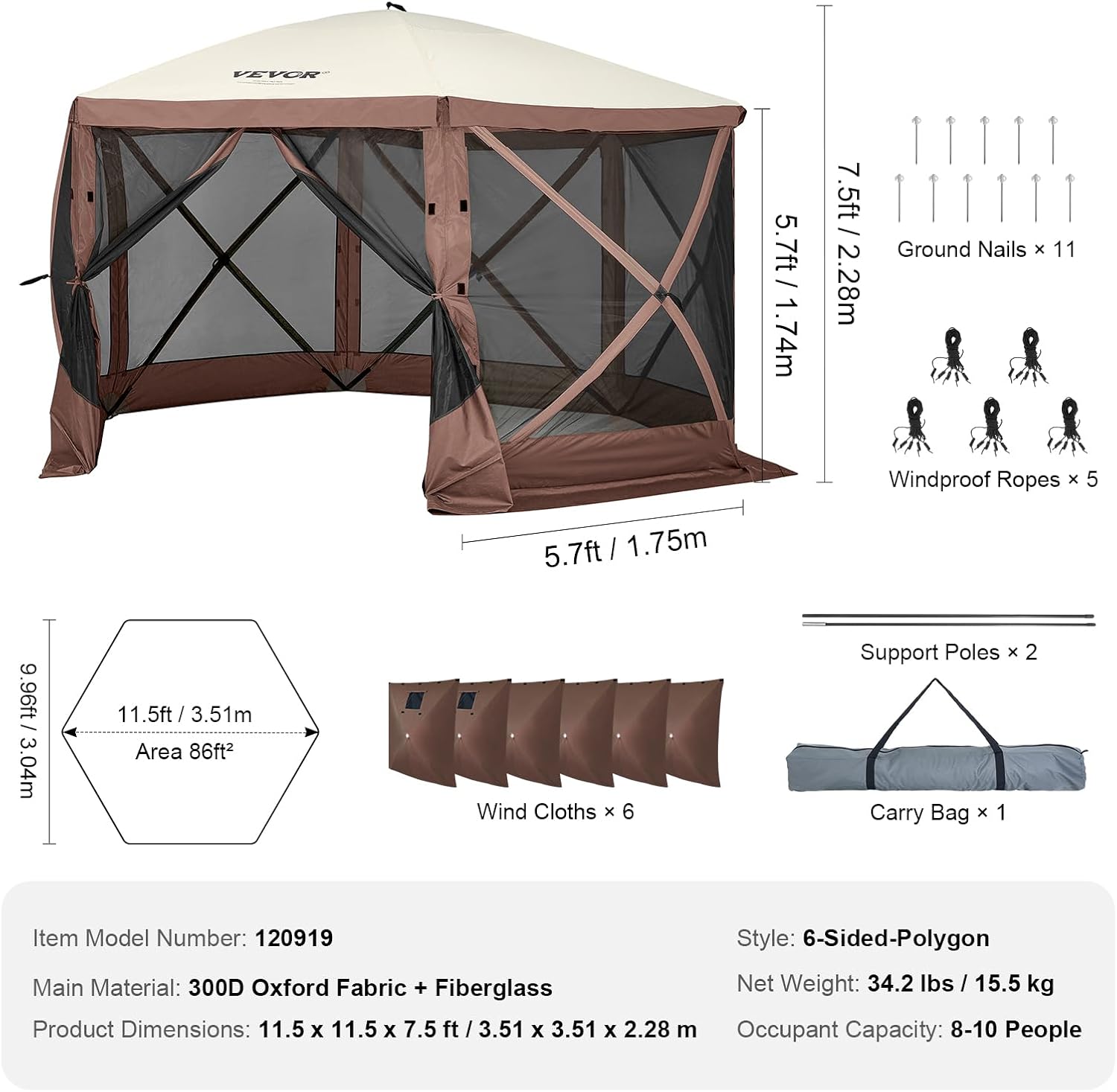 VEVOR Pop Up Gazebo Screen Tent, Pavilion Gazebo Tent, 11.5 x 11.5 ft 6-Sided Camping Instant Canopy Sun Shelter with 6 Removable Privacy Wind Cloths, Mosquito Netting, for Patio, Backyard, Lawn-6