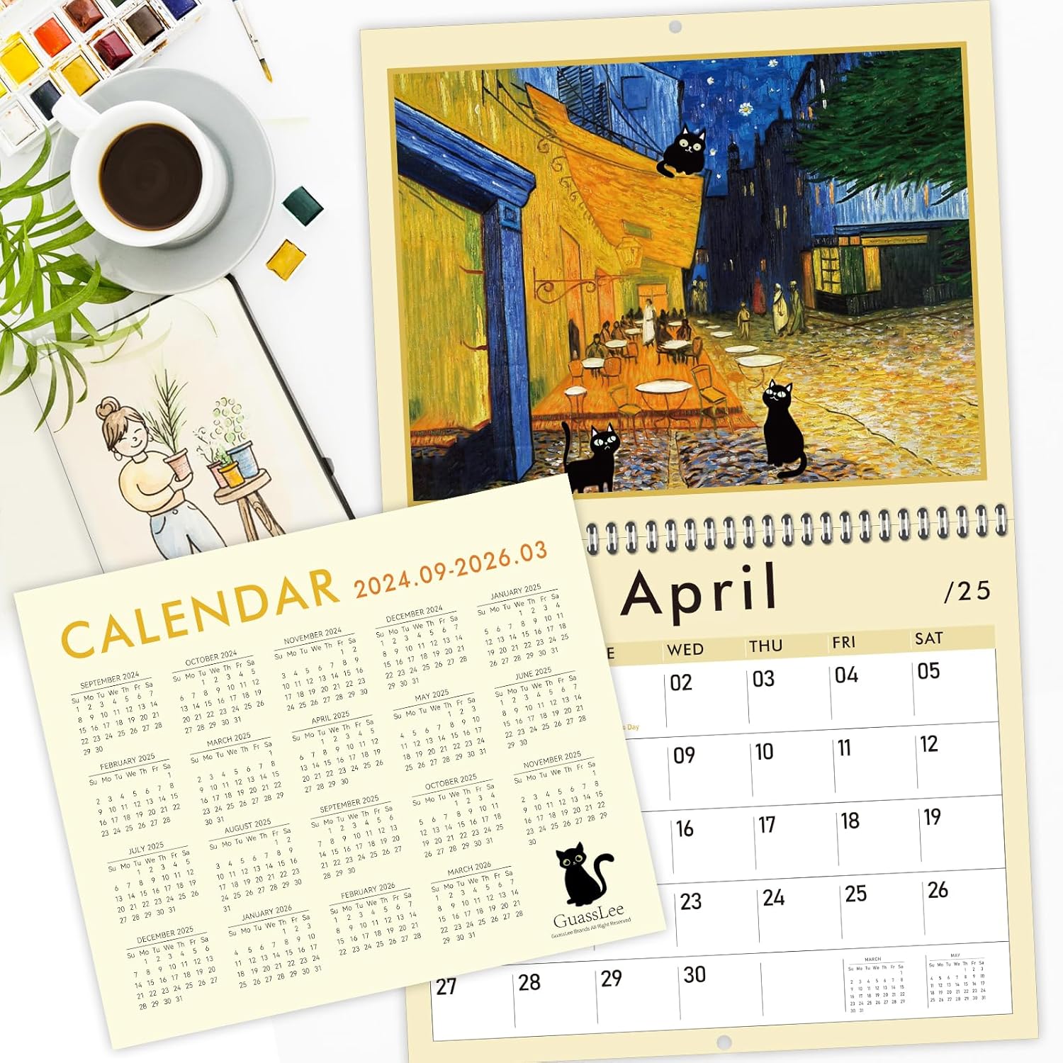 GuassLee Cat Wall Calendar 2025, Vertical Wall Calendar 2024-2025, 19-Months Hanging Art Calendar Sep. 2024-Mar. 2026, 14 x 23” Monthly Planner Wall with Thick Paper for Office School Home Teacher-1