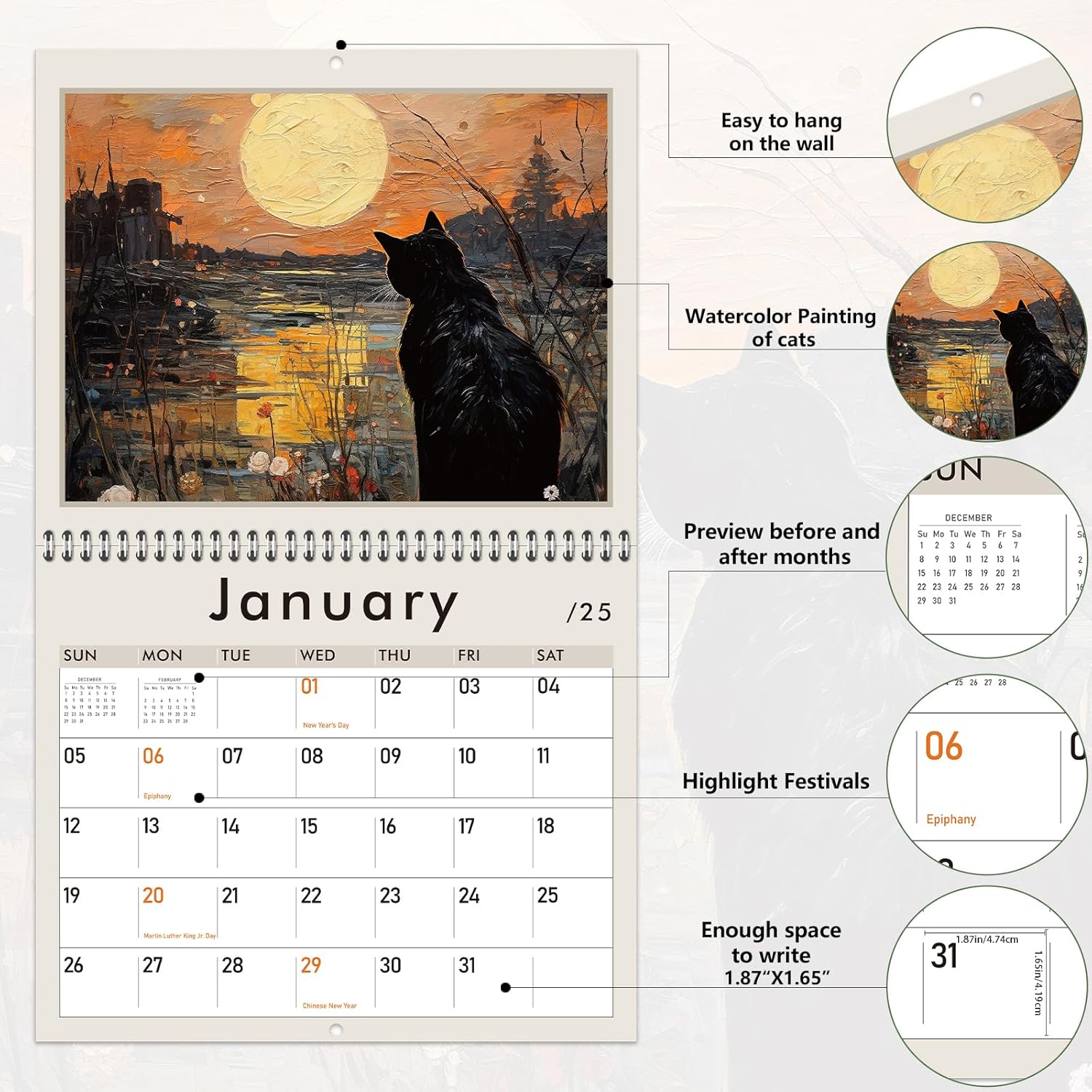 GuassLee Cat Wall Calendar 2025, Vertical Wall Calendar 2024-2025, 19-Months Hanging Art Calendar Sep. 2024-Mar. 2026, 14 x 23” Monthly Planner Wall with Thick Paper for Office School Home Teacher-2