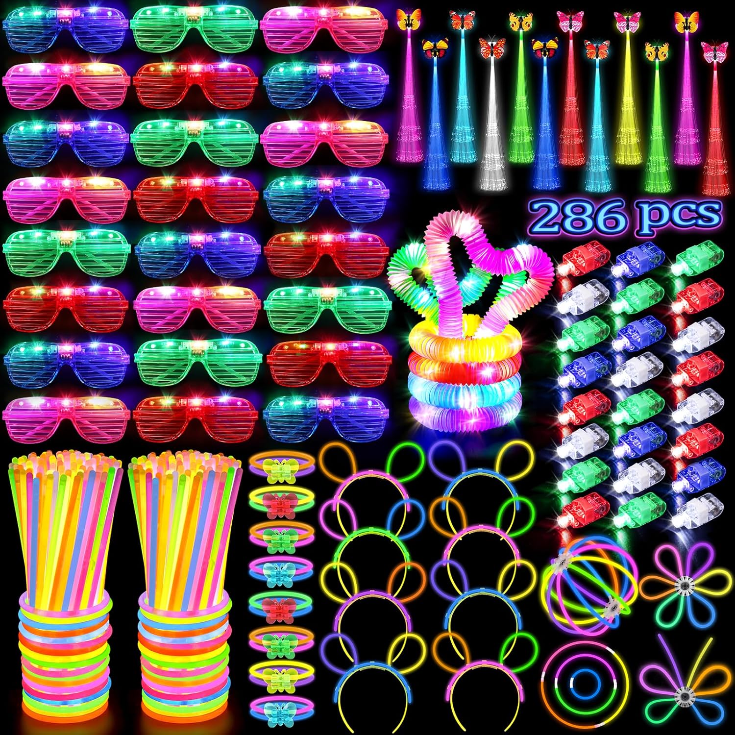 286PCS Glow in the Dark Party Supplies for Kids Adult, Light Up Party Favors with Light Up Glasses, Tubes, Hair Clips, Glow Sticks Bulk Party Pack DIY Glow Necklaces Bracelets Headband for Neon Party-0