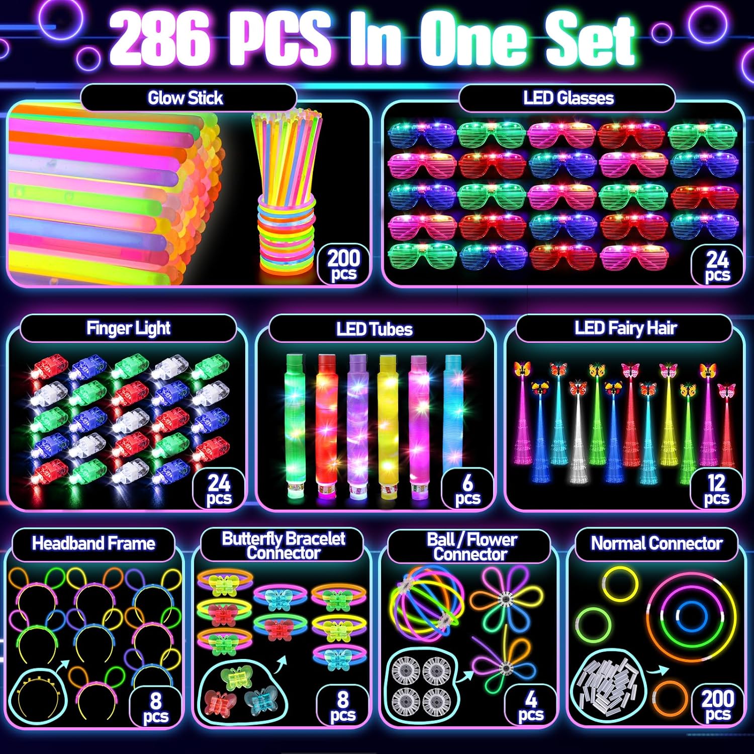 286PCS Glow in the Dark Party Supplies for Kids Adult, Light Up Party Favors with Light Up Glasses, Tubes, Hair Clips, Glow Sticks Bulk Party Pack DIY Glow Necklaces Bracelets Headband for Neon Party-1