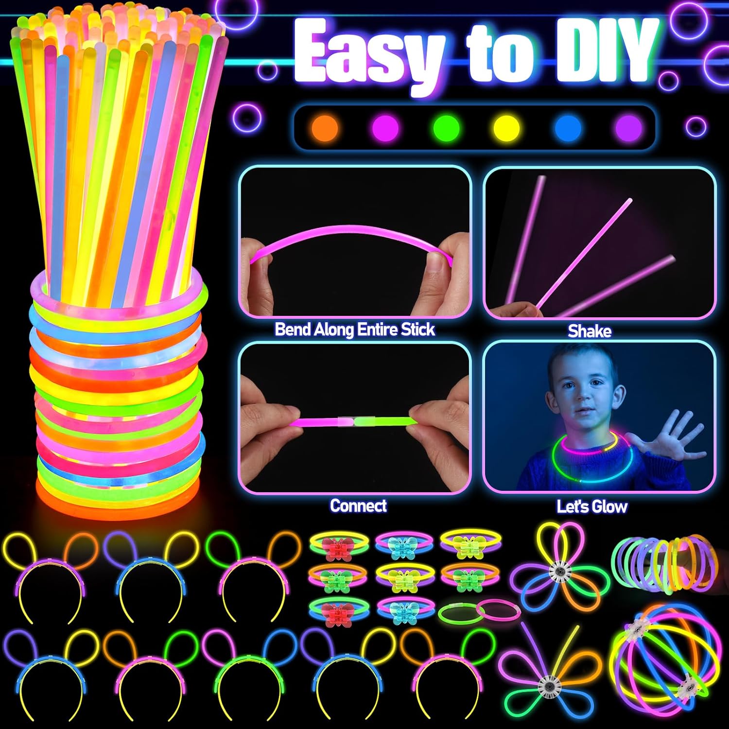 286PCS Glow in the Dark Party Supplies for Kids Adult, Light Up Party Favors with Light Up Glasses, Tubes, Hair Clips, Glow Sticks Bulk Party Pack DIY Glow Necklaces Bracelets Headband for Neon Party-5