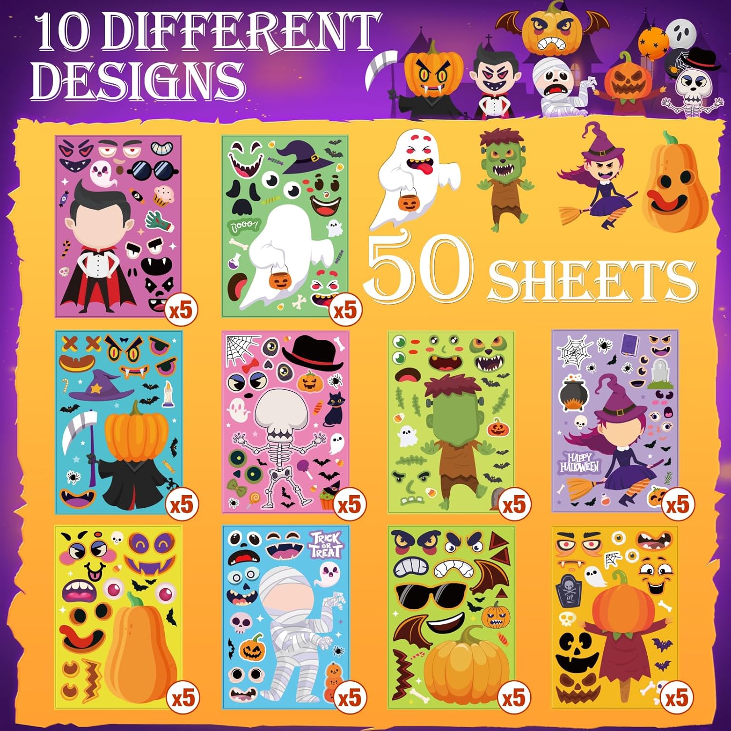 Halloween Stickers for Kids 50 Sheets, Halloween Party Games Stickers, DIY Halloween Crafts Make a Face Halloween Stickers, Kids Halloween Toys Gifts Treats Decorations Activities Party Favors-1