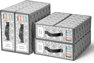 Yecaye 4 Pack Sheet Organizers and Storage, Bed Sheet Organizer for Linen Closet, Foldable Sheet Set Organizer with Clear Window and Label (Queen & King Size), Bedding Storage Box Container, Grey