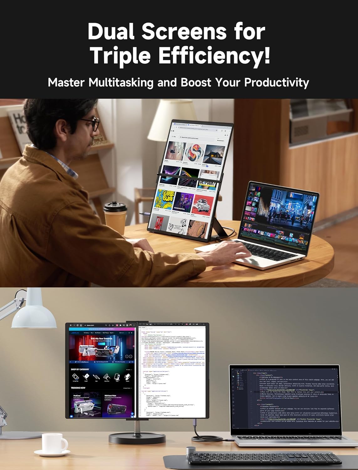 JSAUX FlipGo Lite 15.6" IPS Dual Stacked Portable Monitor, 1080P FHD Laptop Screen Extender with Built-in HUB, Magnetic Design, Single Cable for Triple Monitor Setup (Windows only)-4