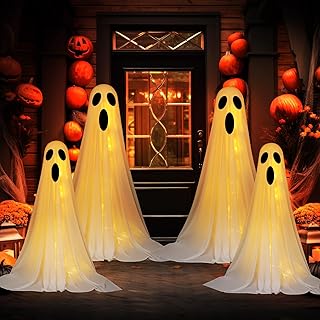 4 Set Halloween Ghost Decorations Indoor Outdoor DIY Large Lighted White Cloth Ghosts with String Lights Light up Decoration for Halloween Party Porch Yard 3ft and 5ft