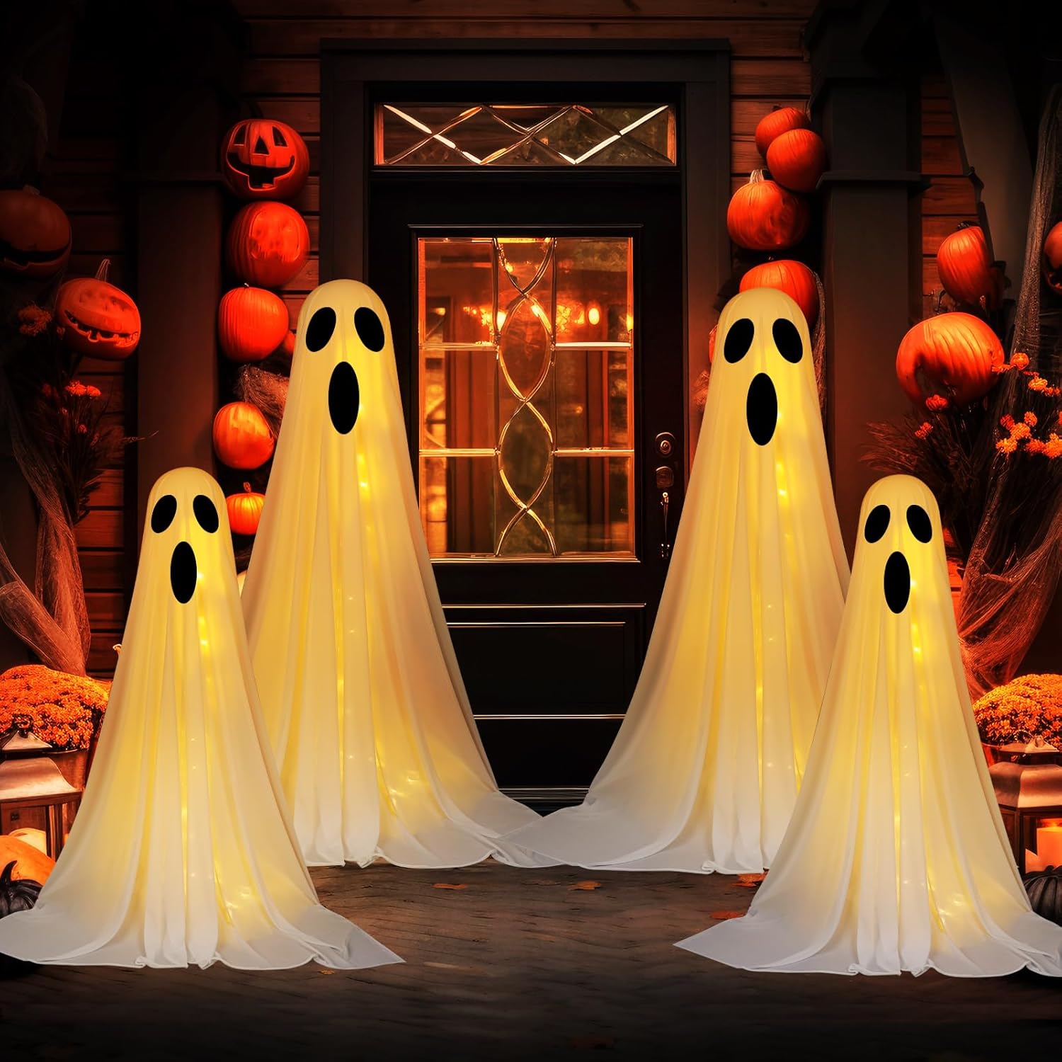 4 Set Halloween Ghost Decorations Indoor Outdoor DIY Large Lighted White Cloth Ghosts with String Lights Light up Decoration for Halloween Party Porch Yard 3ft and 5ft-0