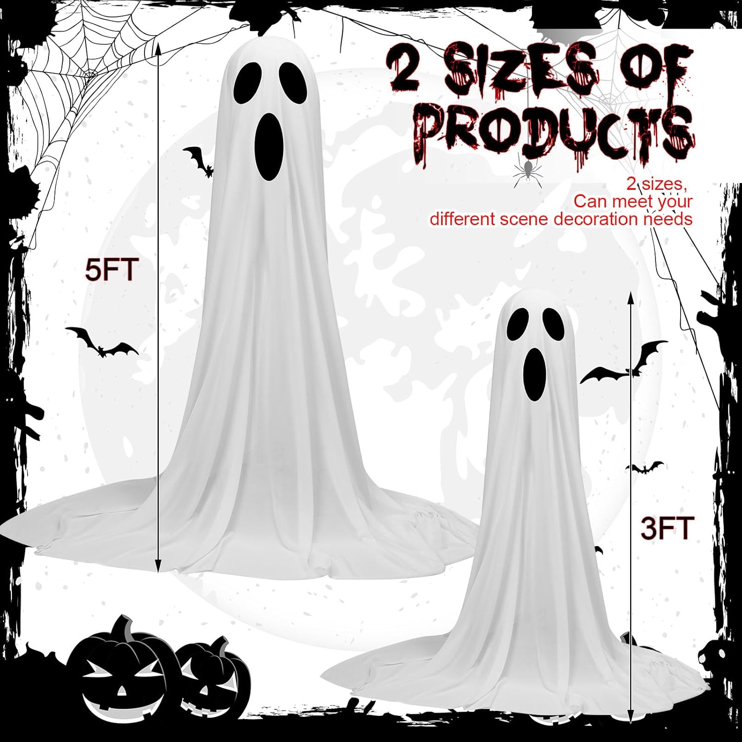 4 Set Halloween Ghost Decorations Indoor Outdoor DIY Large Lighted White Cloth Ghosts with String Lights Light up Decoration for Halloween Party Porch Yard 3ft and 5ft-1