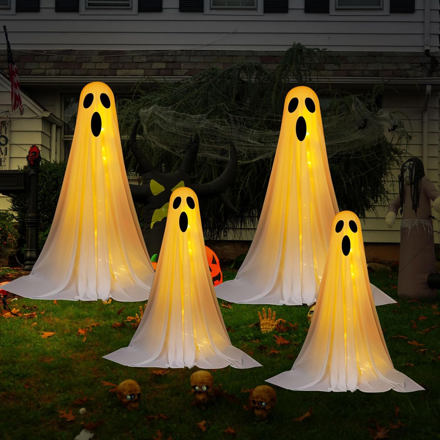 4 Set Halloween Ghost Decorations Indoor Outdoor DIY Large Lighted White Cloth Ghosts with String Lights Light up Decoration for Halloween Party Porch Yard 3ft and 5ft-3