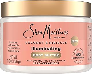 SheaMoisture Illuminating Body Butter with Coconut & Hibiscus, Niacinamide and Pro-Ceramides, Renewing Skin’s Natural Glow, 48H Moisturizing 11.5 oz