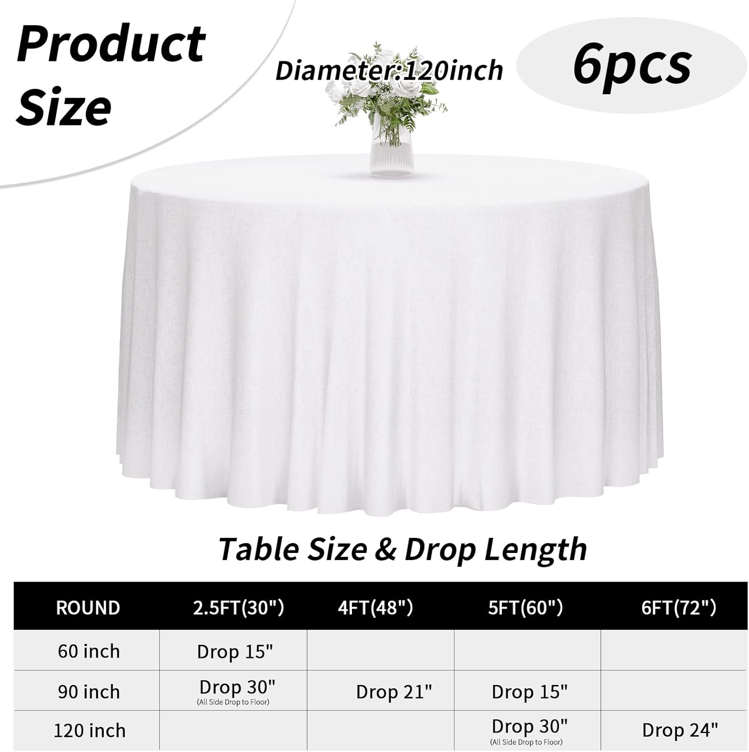 Fixwal 120 Inch White Round Tablecloth, 6 Pack Round Table Cloth Polyester Fabric Washable Table Covers for Wedding, Party, Banquet, Dining, Birthday Events-2