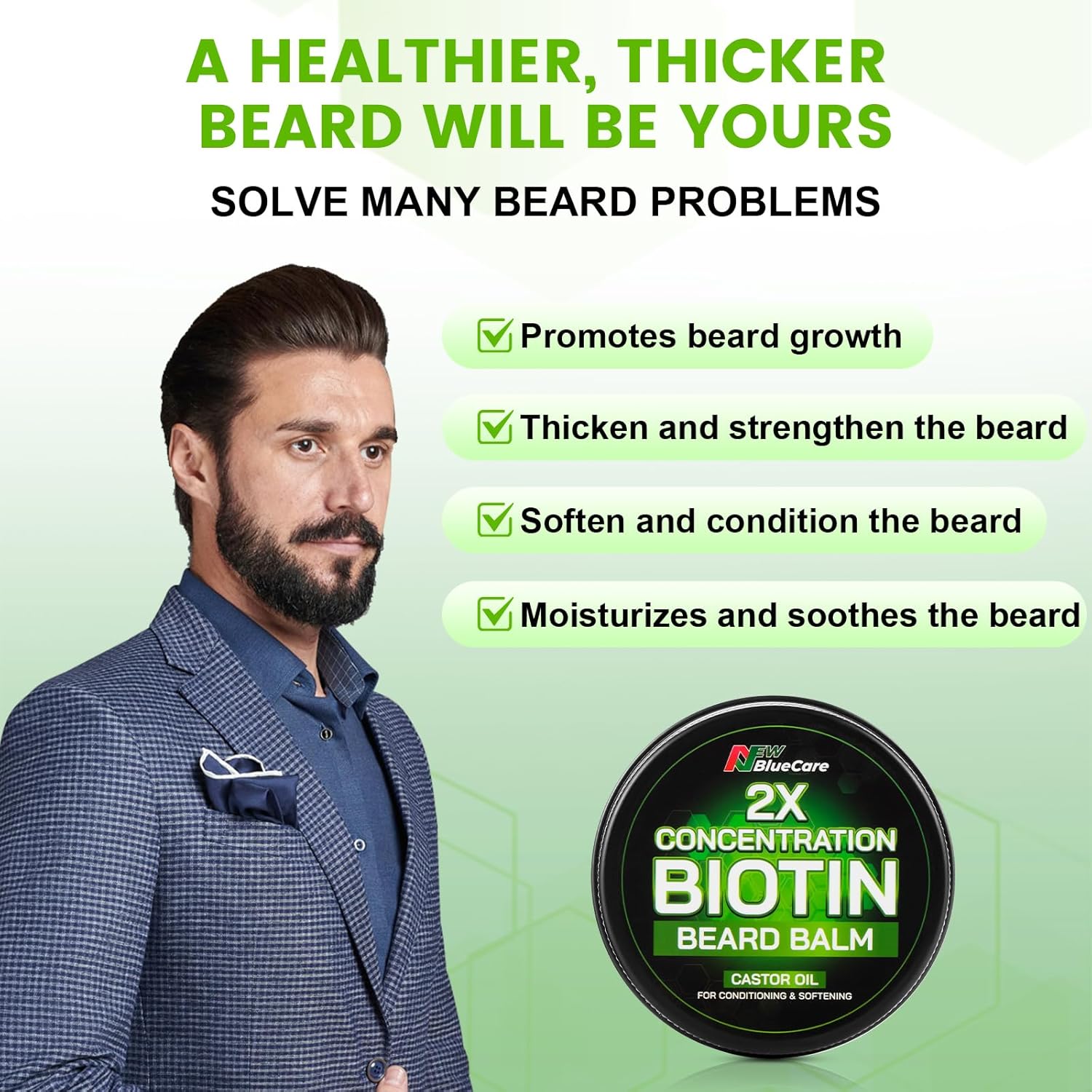 2X Thickening Biotin Beard Balm-Styles, Growth, Strengthens & Softens Beards and Mustaches - Natural Beard Conditioner Wax with Organic Shea Butter, Argan & Jojoba Oils-4