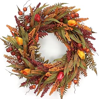 24’’ Fall Wreath - Fall Wreaths for Front Door with Foliage, Berry Cattails and Flowers for Outdoors, Indoor Walls, Windows, Holidays, Thanksgiving,Harvest Wreaths Fall Decorations