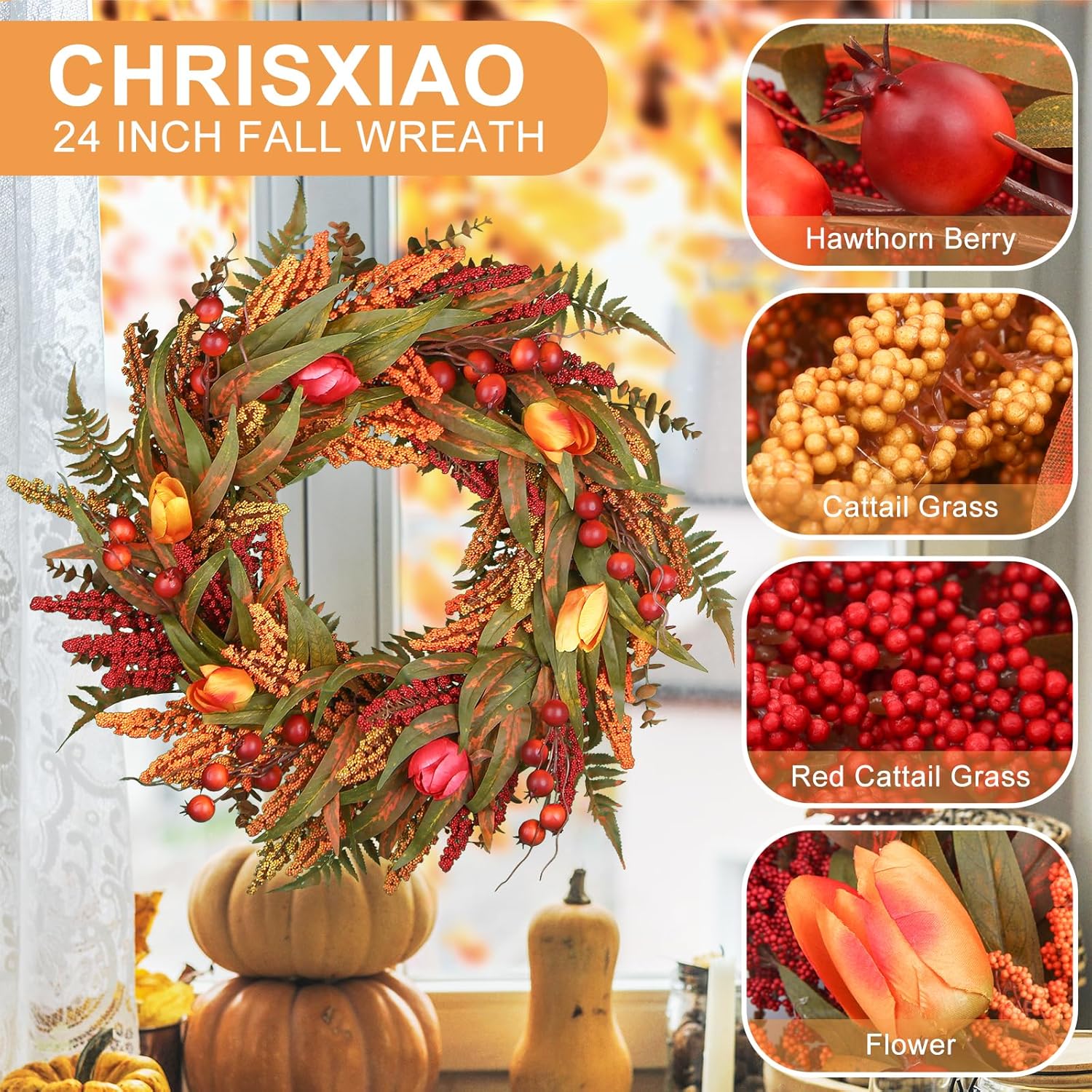 24’’ Fall Wreath - Fall Wreaths for Front Door with Foliage, Berry Cattails and Flowers for Outdoors, Indoor Walls, Windows, Holidays, Thanksgiving,Harvest Wreaths Fall Decorations-1