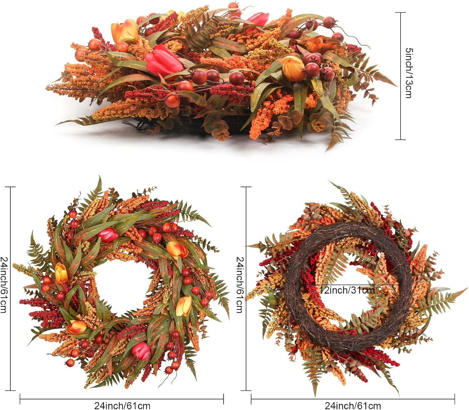 24’’ Fall Wreath - Fall Wreaths for Front Door with Foliage, Berry Cattails and Flowers for Outdoors, Indoor Walls, Windows, Holidays, Thanksgiving,Harvest Wreaths Fall Decorations-2