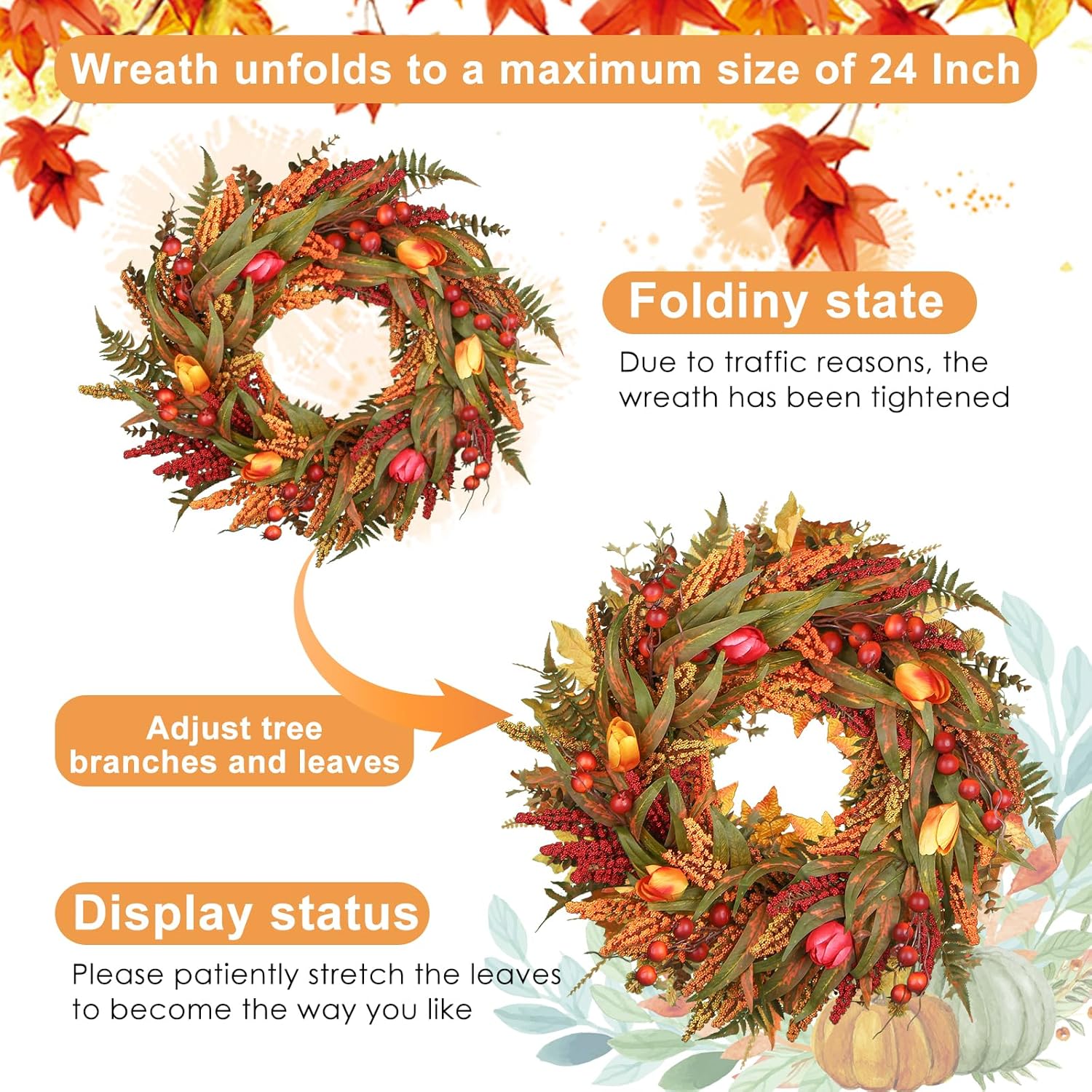 24’’ Fall Wreath - Fall Wreaths for Front Door with Foliage, Berry Cattails and Flowers for Outdoors, Indoor Walls, Windows, Holidays, Thanksgiving,Harvest Wreaths Fall Decorations-3