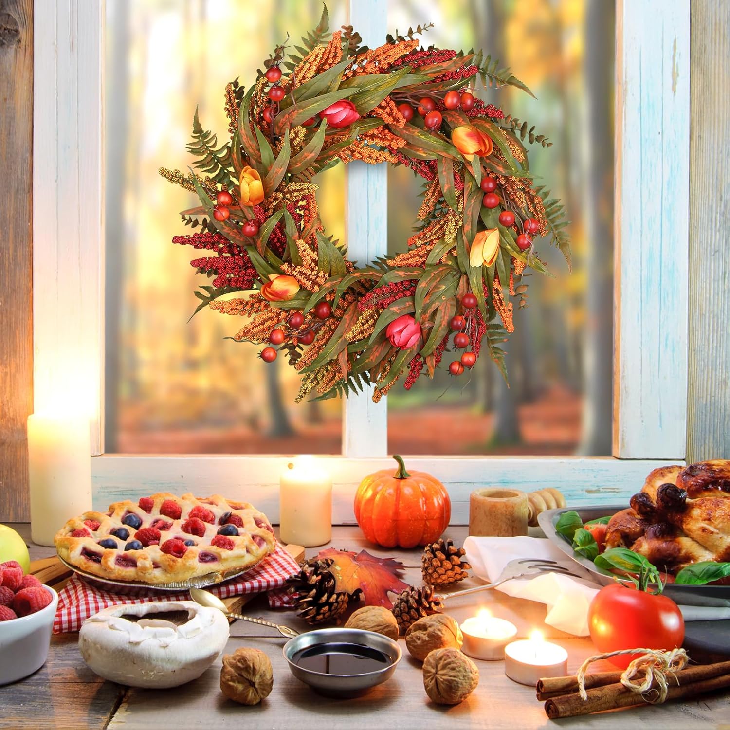 24’’ Fall Wreath - Fall Wreaths for Front Door with Foliage, Berry Cattails and Flowers for Outdoors, Indoor Walls, Windows, Holidays, Thanksgiving,Harvest Wreaths Fall Decorations-4