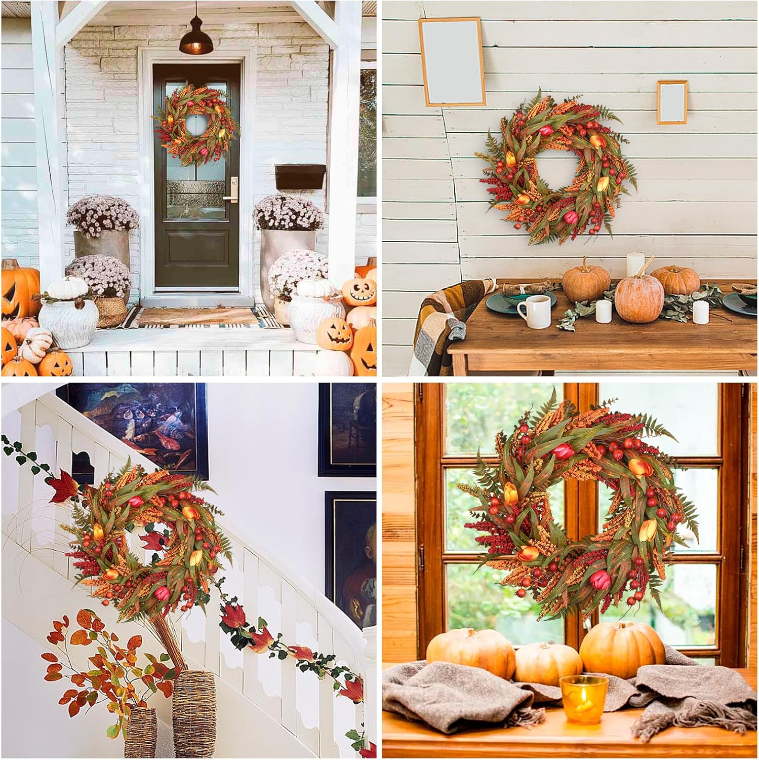 24’’ Fall Wreath - Fall Wreaths for Front Door with Foliage, Berry Cattails and Flowers for Outdoors, Indoor Walls, Windows, Holidays, Thanksgiving,Harvest Wreaths Fall Decorations-5