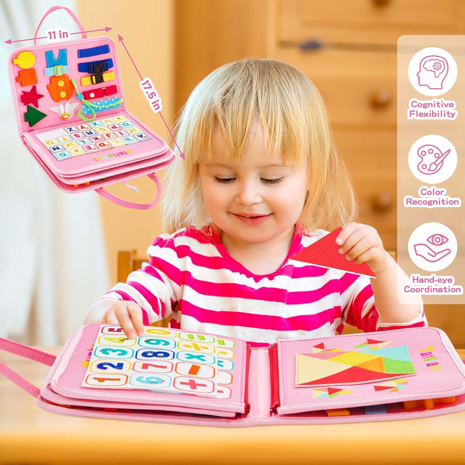 Montessori Busy Board for Toddlers 1-4 Years Old – Sensory Educational Toy for Fine Motor Skills, Travel-Friendly Activity Book, for Boys & Girls, Pink-3