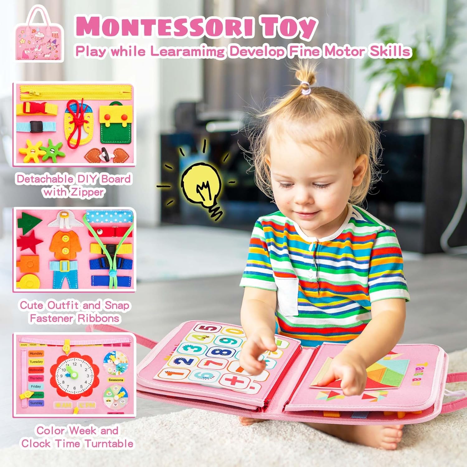 Montessori Busy Board for Toddlers 1-4 Years Old – Sensory Educational Toy for Fine Motor Skills, Travel-Friendly Activity Book, for Boys & Girls, Pink-6