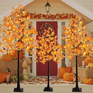 3 Pack 6FT/5FT/4FT Lighted Maple Trees 240LEDs Artificial Fall Trees with Lights Plug in Light up Faux Autumn Maple Tree for Indoor Outdoor Home Porch Patio Thanksgiving Fall Wedding Decoration