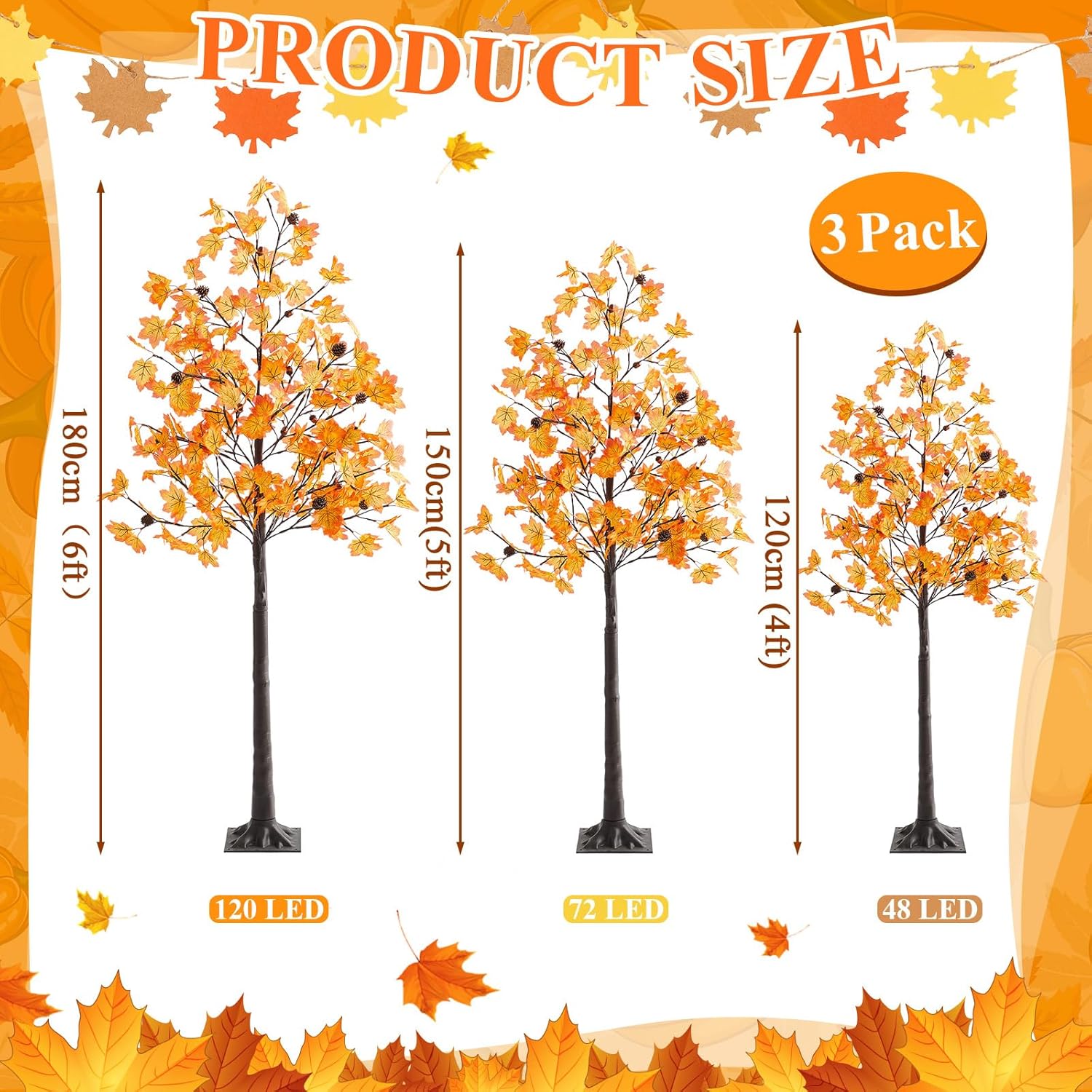 3 Pack 6FT/5FT/4FT Lighted Maple Trees 240LEDs Artificial Fall Trees with Lights Plug in Light up Faux Autumn Maple Tree for Indoor Outdoor Home Porch Patio Thanksgiving Fall Wedding Decoration-1