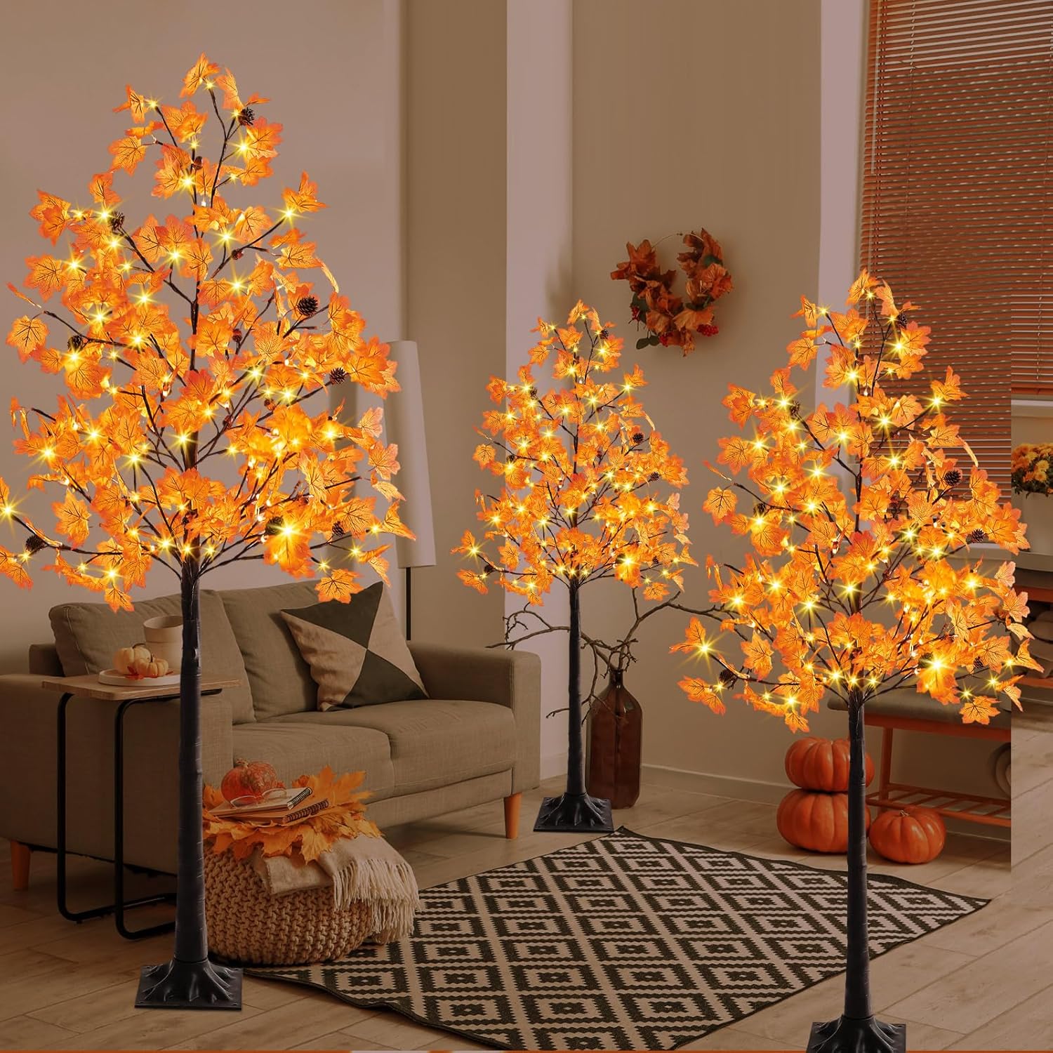 3 Pack 6FT/5FT/4FT Lighted Maple Trees 240LEDs Artificial Fall Trees with Lights Plug in Light up Faux Autumn Maple Tree for Indoor Outdoor Home Porch Patio Thanksgiving Fall Wedding Decoration-3