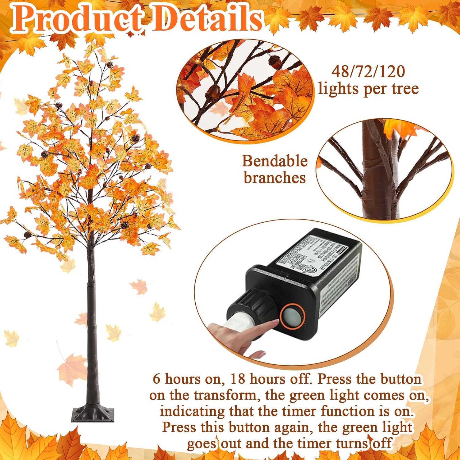 3 Pack 6FT/5FT/4FT Lighted Maple Trees 240LEDs Artificial Fall Trees with Lights Plug in Light up Faux Autumn Maple Tree for Indoor Outdoor Home Porch Patio Thanksgiving Fall Wedding Decoration-4