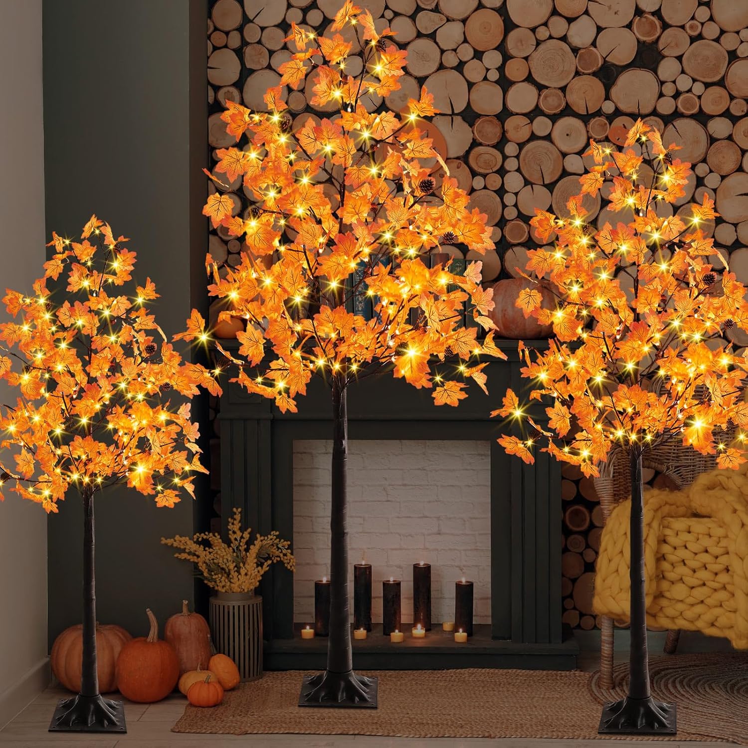 3 Pack 6FT/5FT/4FT Lighted Maple Trees 240LEDs Artificial Fall Trees with Lights Plug in Light up Faux Autumn Maple Tree for Indoor Outdoor Home Porch Patio Thanksgiving Fall Wedding Decoration-5