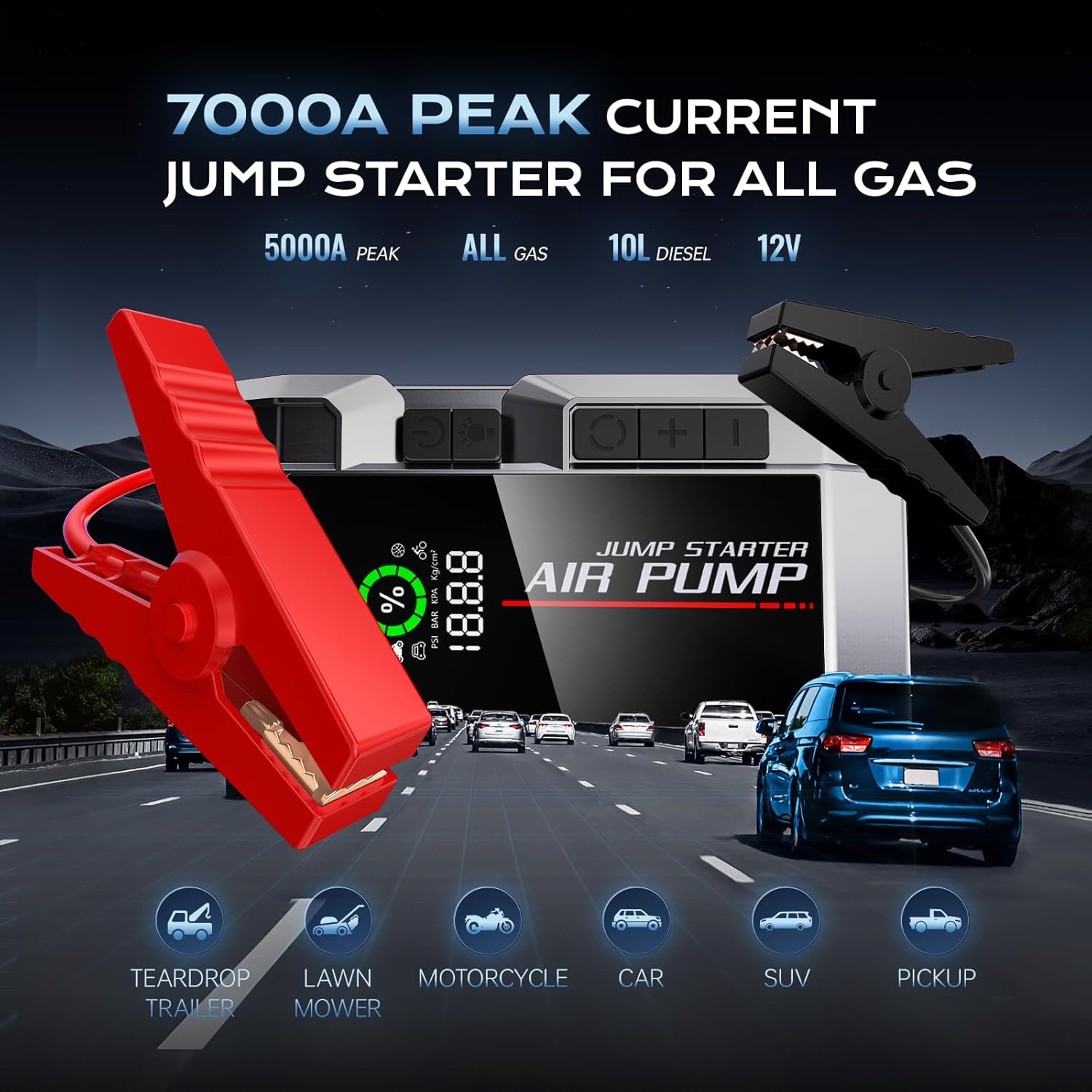 7000A Car Jump Starter with Air Compressor, 35000mAh Battery Jumper Starter Portable, Jump Starter Battery Pack (All Gas/10.0L Diesel),150PSI Tire Inflator, 70 Starts 12V Auto Battery Booster-1