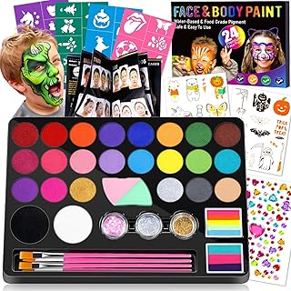 Face Painting Kit for Kids - 24 Colors Water Based Non Toxic Face Paint Kit, Professional Face Paint for Kids with Stencils & Brushes - Parties, Birthdays, Halloween Face Body Makeup Kit