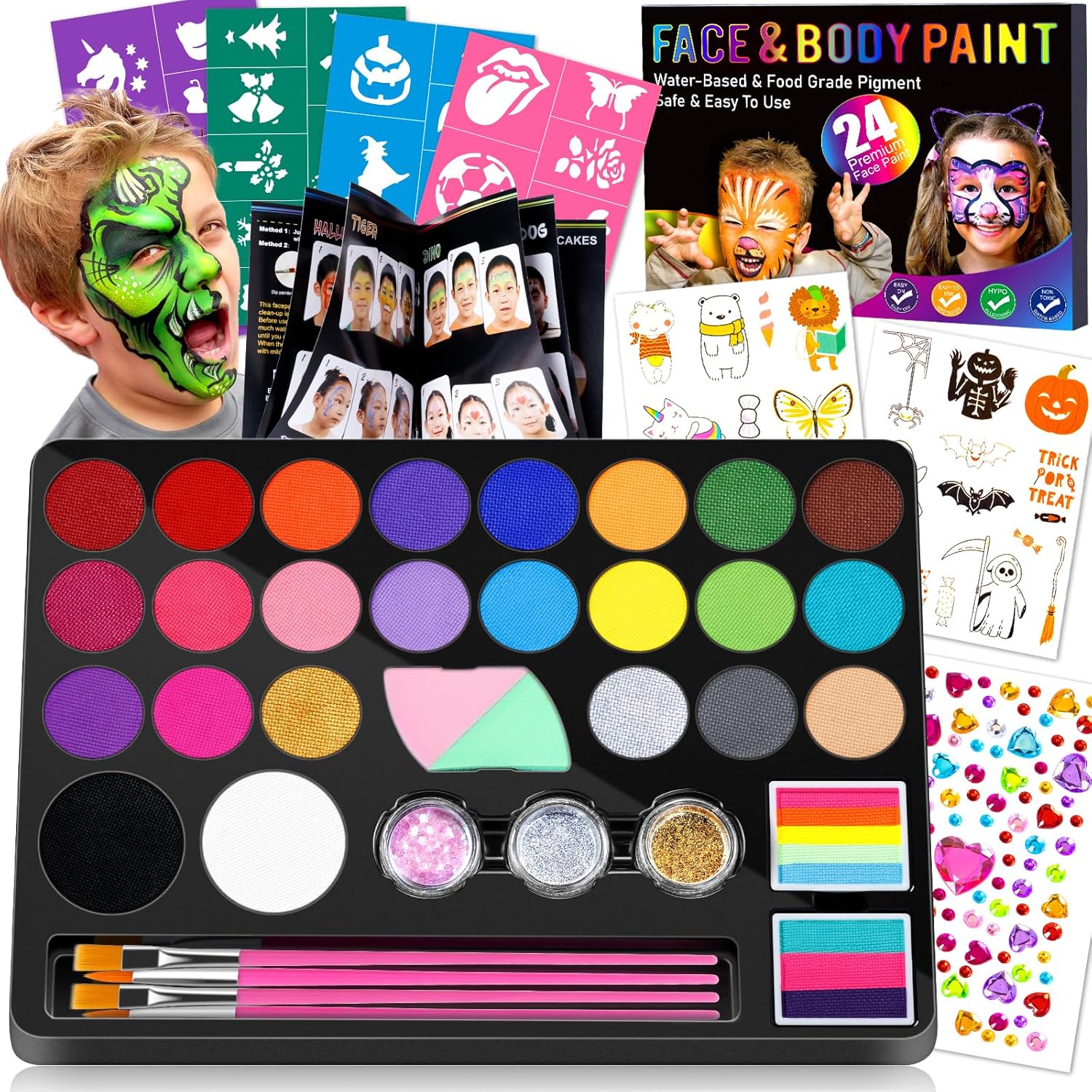 Face Painting Kit for Kids - 24 Colors Water Based Non Toxic Face Paint Kit, Professional Face Paint for Kids with Stencils & Brushes - Parties, Birthdays, Halloween Face Body Makeup Kit-0