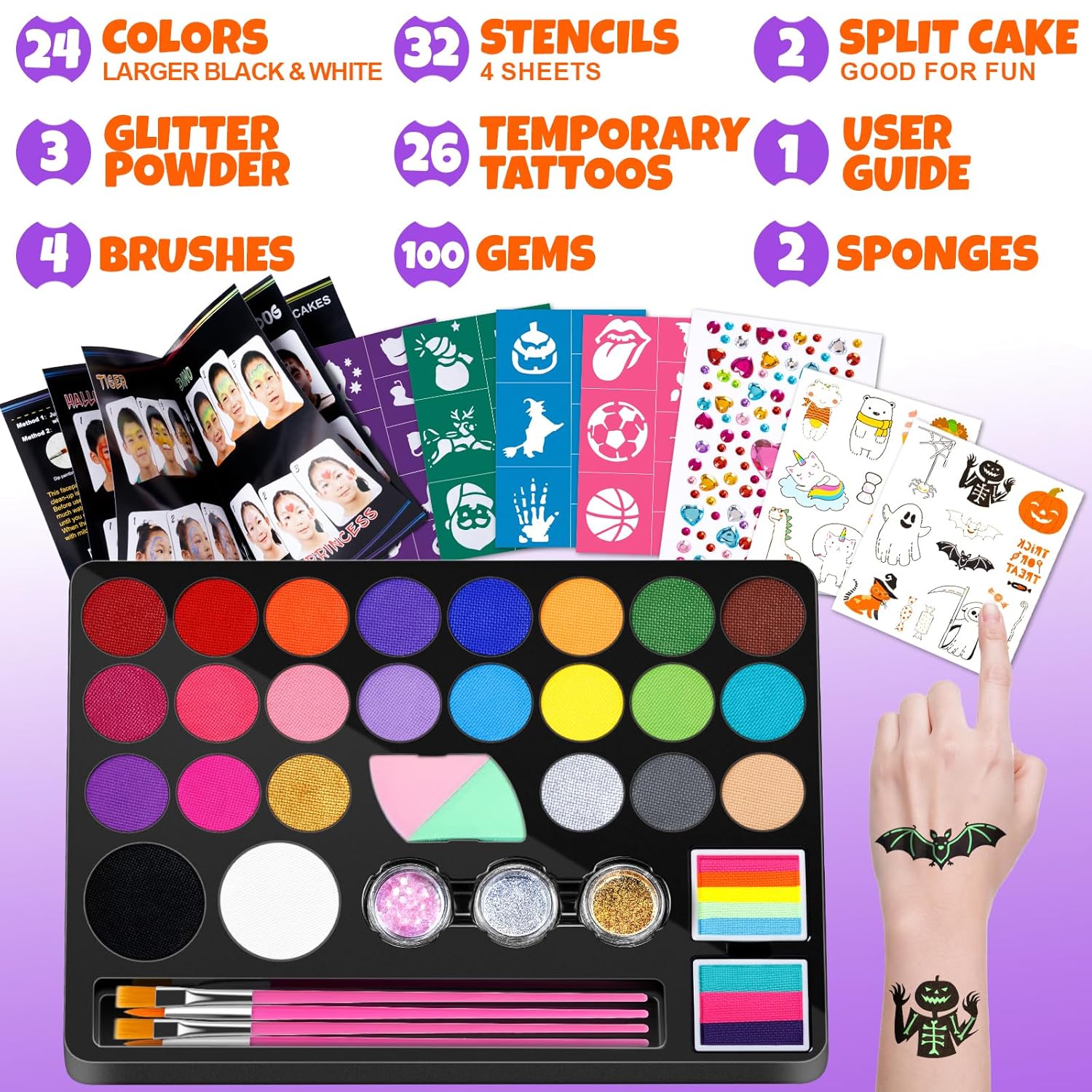 Face Painting Kit for Kids - 24 Colors Water Based Non Toxic Face Paint Kit, Professional Face Paint for Kids with Stencils & Brushes - Parties, Birthdays, Halloween Face Body Makeup Kit-3