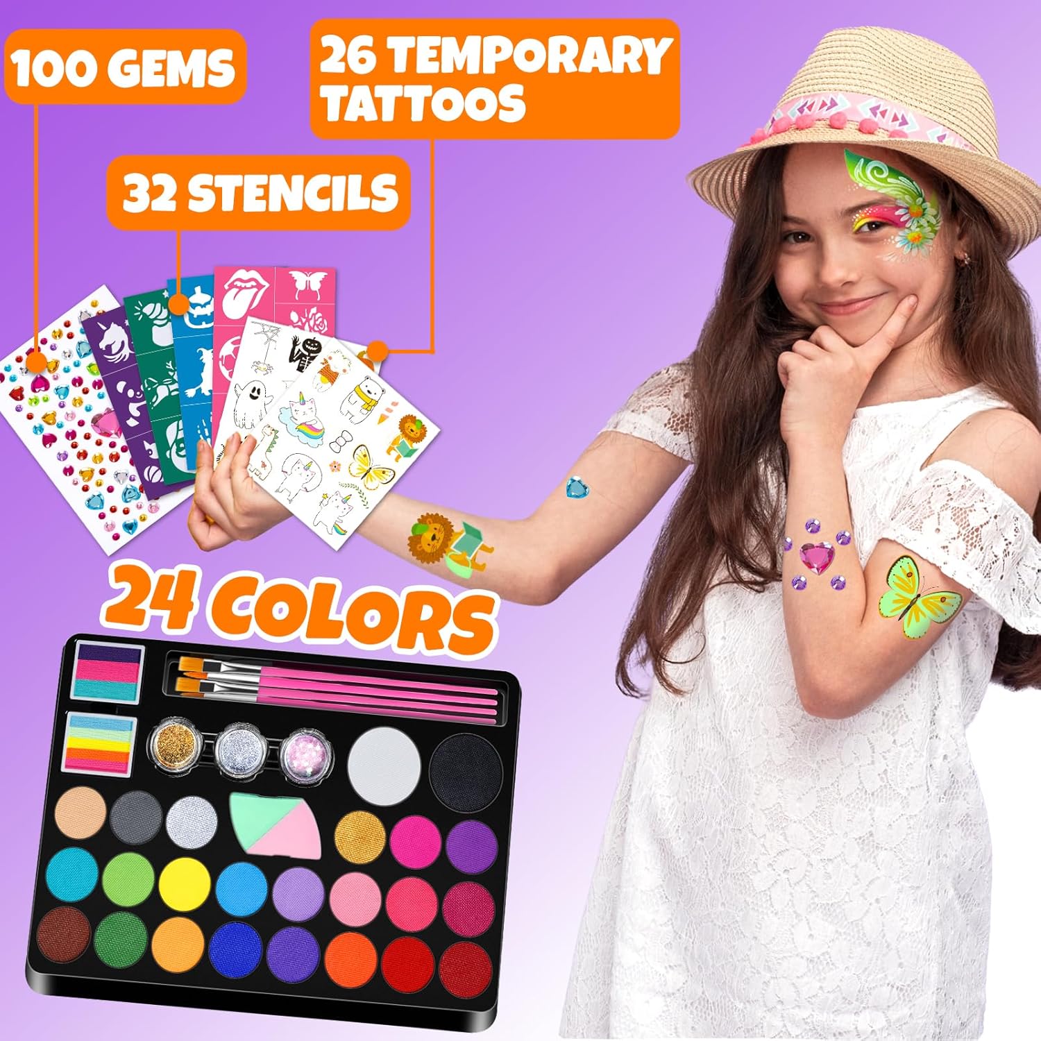 Face Painting Kit for Kids - 24 Colors Water Based Non Toxic Face Paint Kit, Professional Face Paint for Kids with Stencils & Brushes - Parties, Birthdays, Halloween Face Body Makeup Kit-6