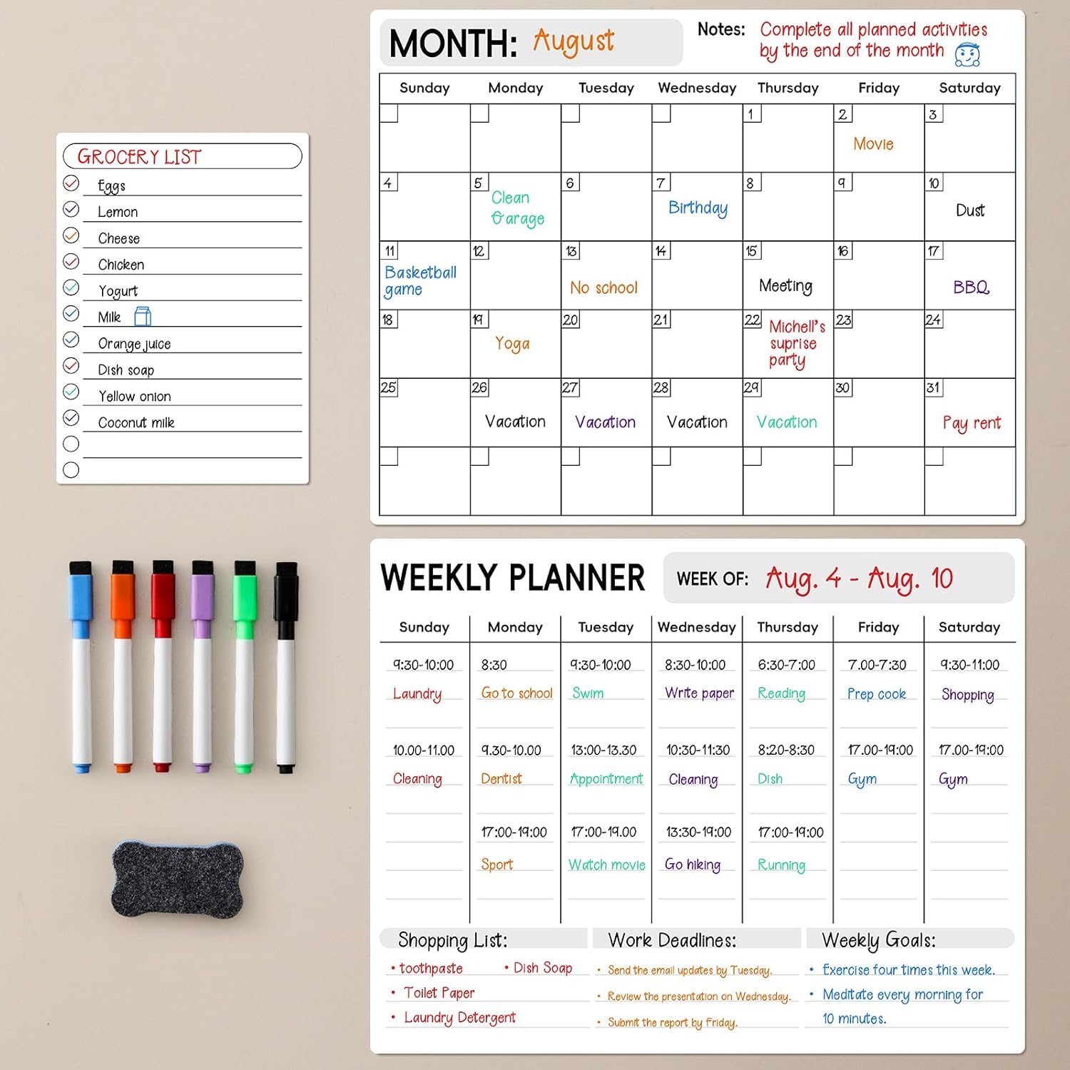 LANDNEOO Magnetic Dry Erase Calendar for Refrigerator, 3 Pack-Monthly, Weekly, Daily Magnet Fridge Whiteboard Planner for Chore Chart, Menu, To Do List, 14"X11", w/ 6 Markers, Style 3-0