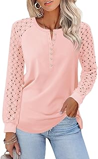 Minetom Women's Lace Long Sleeve Tops Henley Shirts Casual Blouses T Shirts Fall Clothes