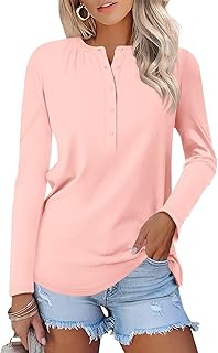 Minetom Women's Long Sleeve Shirts Henley Tops Pleated V Neck T Shirts Casual Blouses