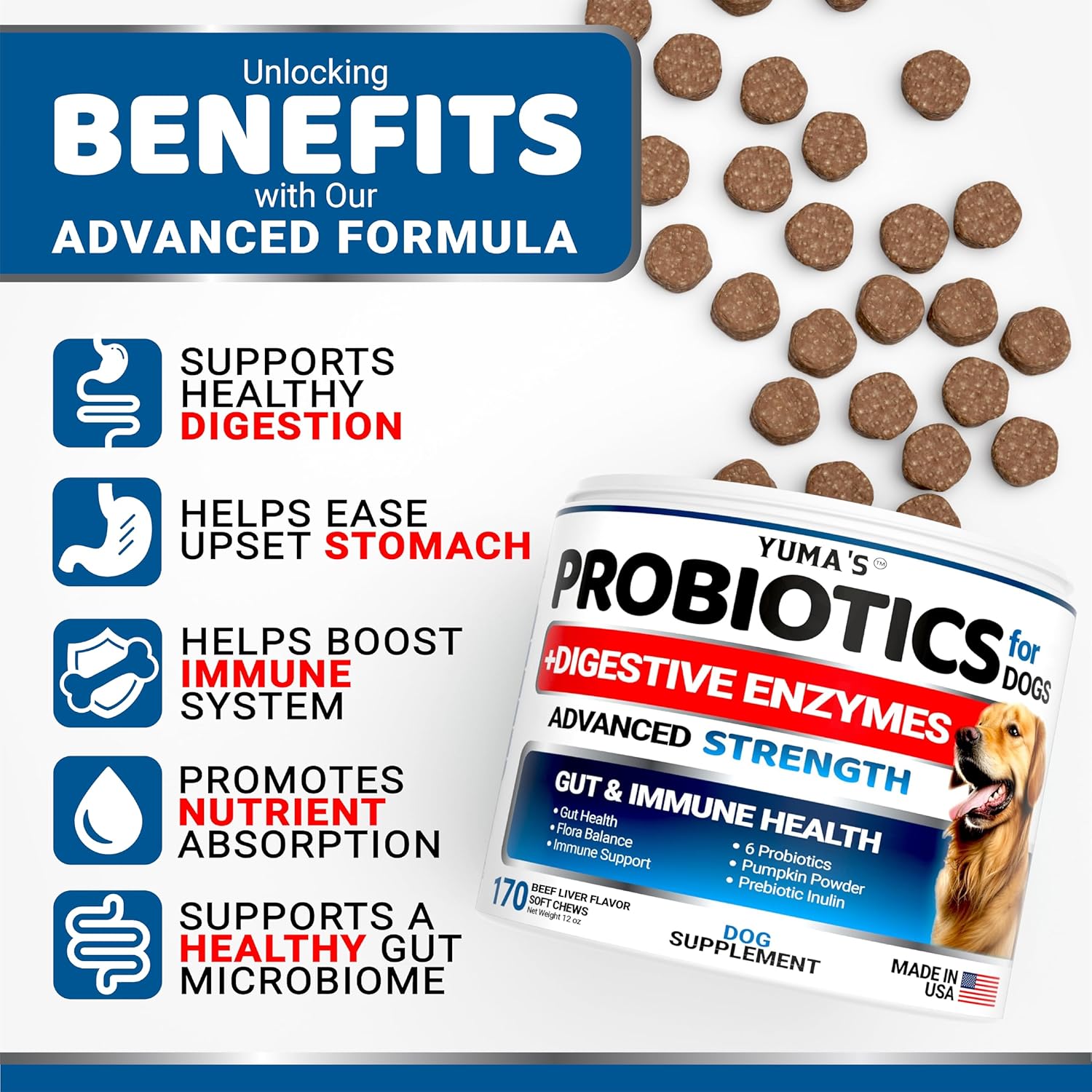 Probiotics for Dogs and Digestive Enzymes - 170 Dog Probiotics Chews - Dog Probiotic - Anti Diarrhea, Upset Stomach & Gas Relief, Canine Prebiotic - Pet Fiber Supplement - Beef Liver Flavor-1