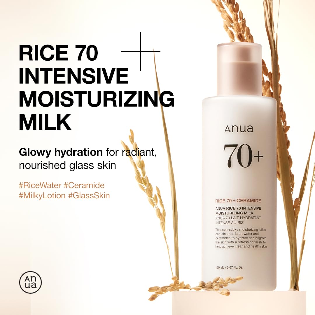 ANUA Rice 70 Intensive Moisturizing Milk, Lotion for Deep Hydration and Nourishing, Glowy Glass Skin, Rice Water, Niacinamide, Ceramides, Lightweight, Korean Skincare, 150ml/ 5.07 fl.oz.-1