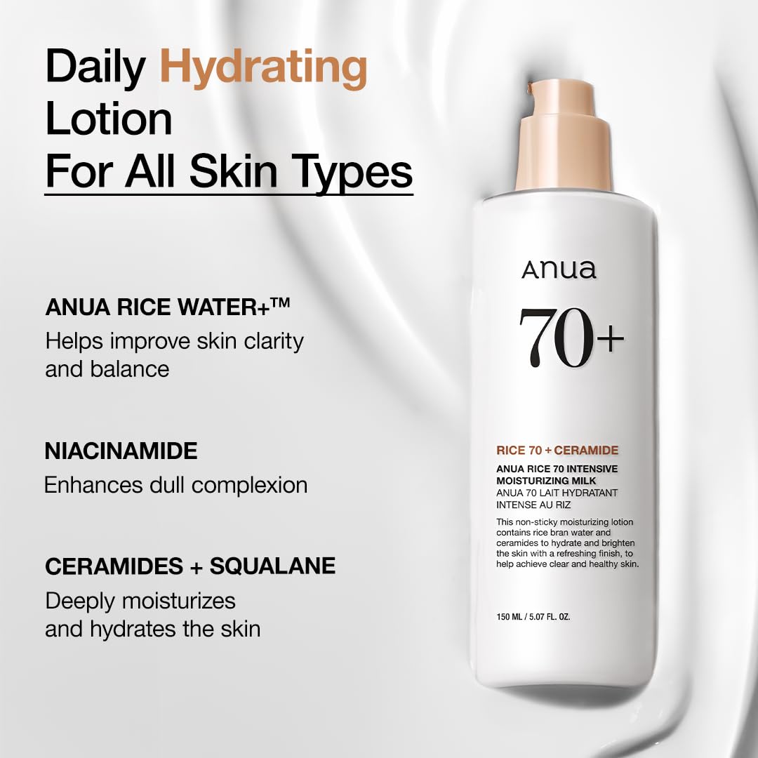 ANUA Rice 70 Intensive Moisturizing Milk, Lotion for Deep Hydration and Nourishing, Glowy Glass Skin, Rice Water, Niacinamide, Ceramides, Lightweight, Korean Skincare, 150ml/ 5.07 fl.oz.-2