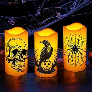 Halloween Decorations Indoor Flameless Candles Battery Operated Not Included Flickering Lights with Skull Spider Webs Crow Pumpkins Bats Witch, 6 Hrs Timer for Home Window Mantel 3 Pack