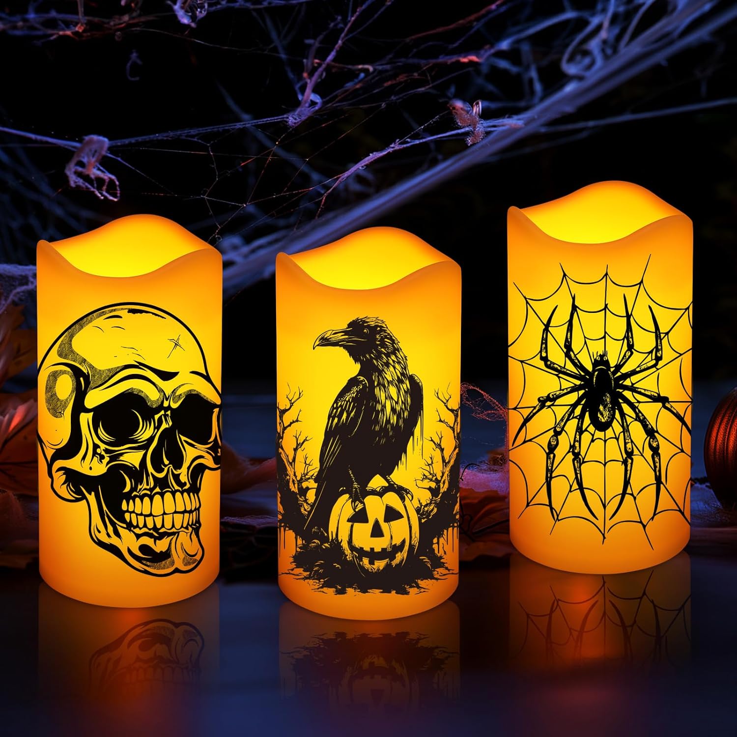 Halloween Decorations Indoor Flameless Candles Battery Operated Not Included Flickering Lights with Skull Spider Webs Crow Pumpkins Bats Witch, 6 Hrs Timer for Home Window Mantel 3 Pack-0