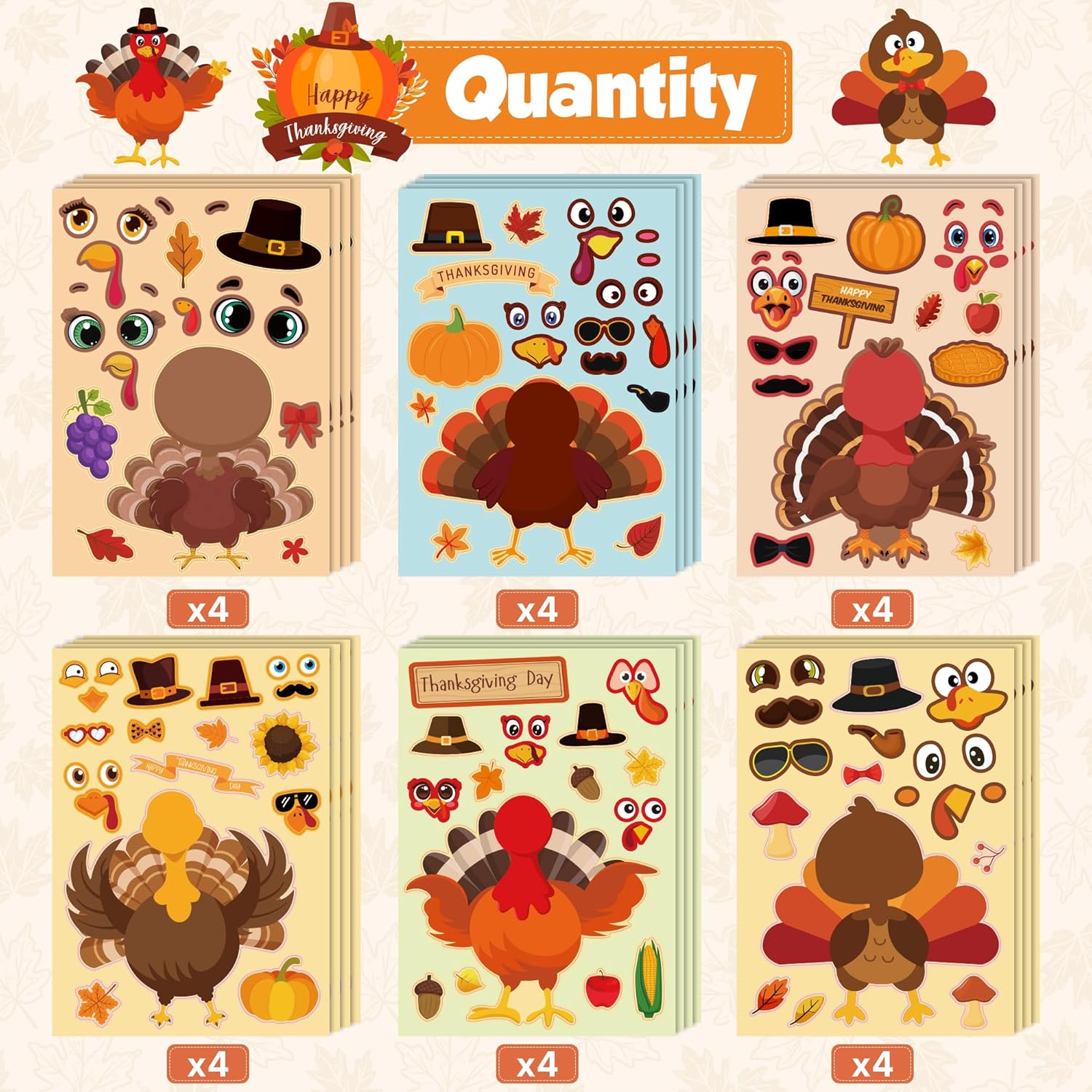 OHOME Thanksgiving Stickers - Thanksgiving Crafts for Kids - DIY Turkey Stickers,Kids Thanksgiving Games Gifts Activities Party Favors Supplies | Thanksgiving Decorations (24 Sheets)-2