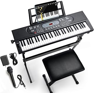 Rengue 61 Keys Keyboard Piano, Electric Digital Piano Set for Beginners, Learning Piano with Light-Up Keys, Speakers, Microphone, Stand, Foldable Bench, Sheet Music Stand and Keyboard Sticker