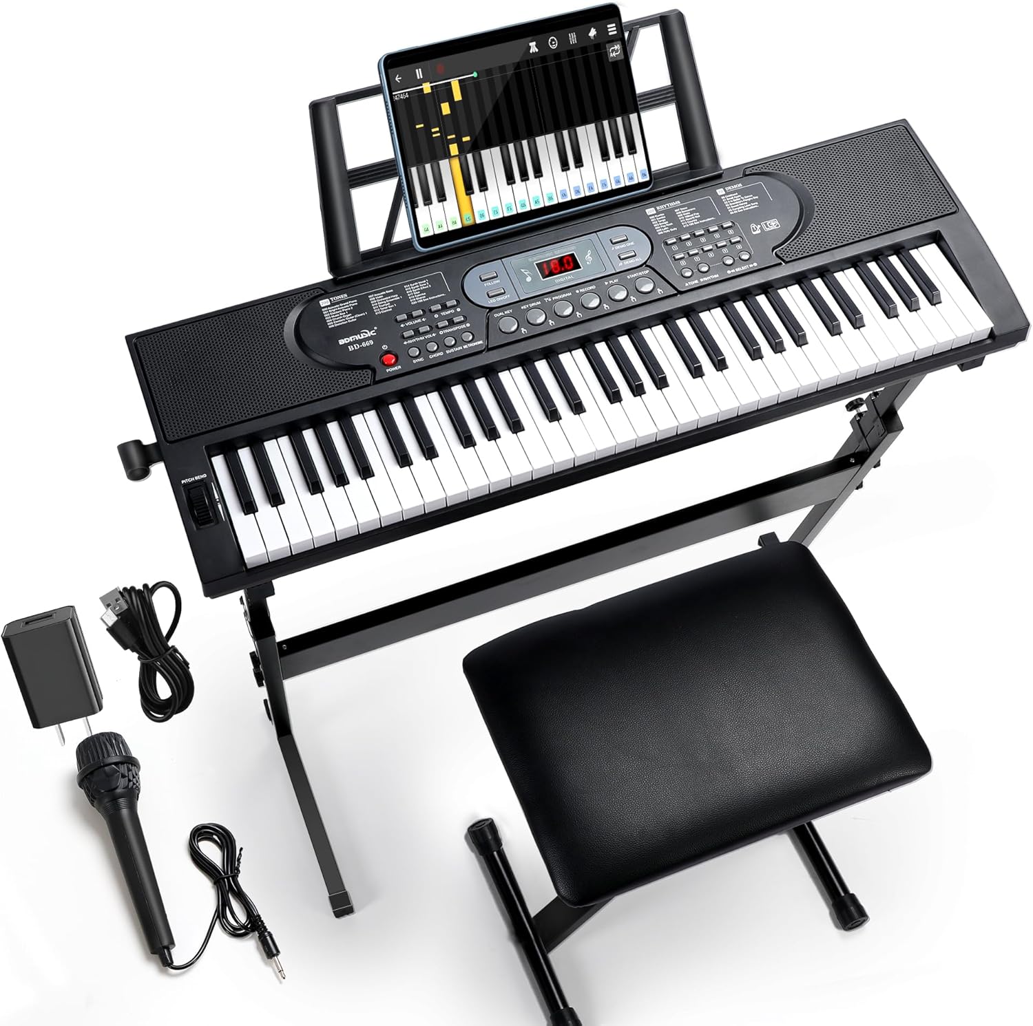 Rengue 61 Keys Keyboard Piano, Electric Digital Piano Set for Beginners, Learning Piano with Light-Up Keys, Speakers, Microphone, Stand, Foldable Bench, Sheet Music Stand and Keyboard Sticker-0