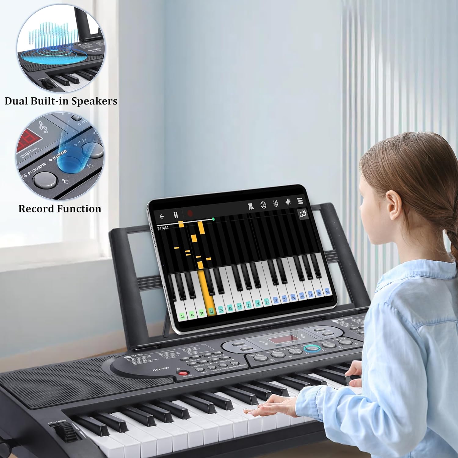 Rengue 61 Keys Keyboard Piano, Electric Digital Piano Set for Beginners, Learning Piano with Light-Up Keys, Speakers, Microphone, Stand, Foldable Bench, Sheet Music Stand and Keyboard Sticker-3