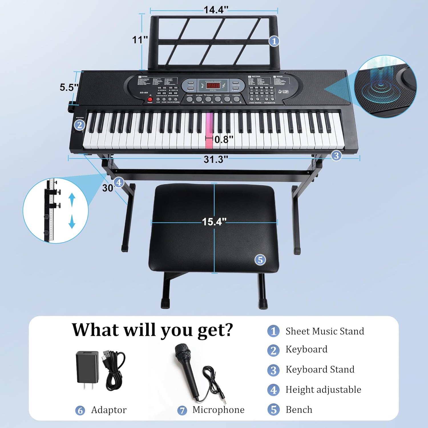 Rengue 61 Keys Keyboard Piano, Electric Digital Piano Set for Beginners, Learning Piano with Light-Up Keys, Speakers, Microphone, Stand, Foldable Bench, Sheet Music Stand and Keyboard Sticker-6